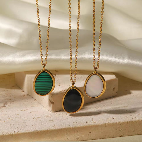 New Arrival Stainless Steel Plain Black Agate Stone Malachite Opal Stone Drop Pendant Necklace