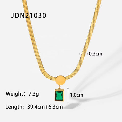 18K Gold Plated Stainless Steel Green Square Zircon Pendant Snake Chain Necklace for Women'S 2024