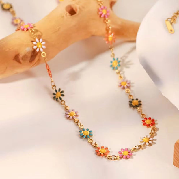 18K Gold Plated Stainless Steel Accessories Charm Colorful Daisy Choker Necklace for Women