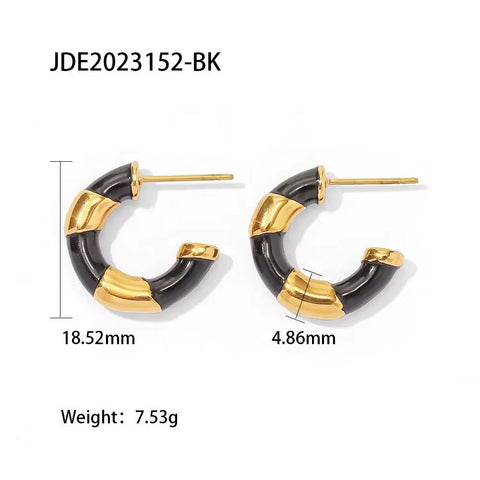 18K Gold Plated Stainless Steel Black Enameled Contrast Color C Shape Hoop Earring for Ladies