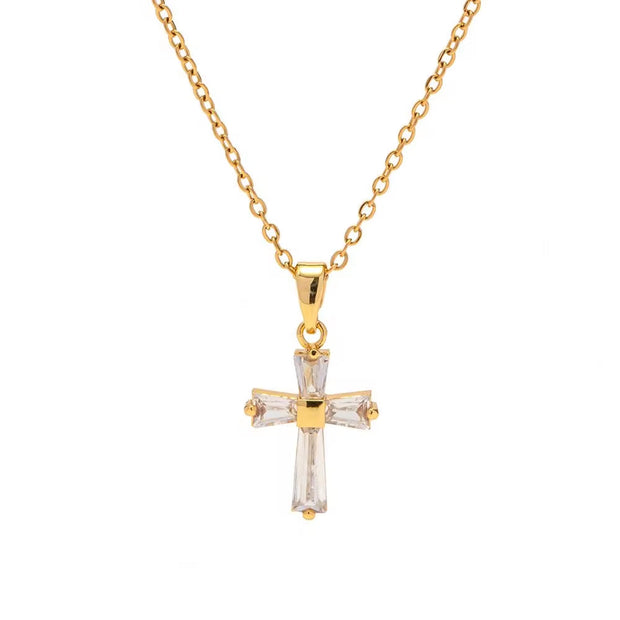 Vintage 18K Gold Plated Clear Cross Zircon Necklace Geometric Cubic Zirconia Crossed Pendant Necklace