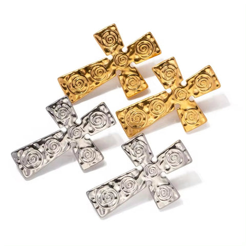 New 18K Gold Plated Stainless Steel Rotate Texture Hammer Big Huge Cross Earrings Women Luxury