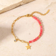 Bright Pink Stone Star Pendant Bracelet Stainless Steel 18K Half Cross Paperclip Chain Bracelet for Women