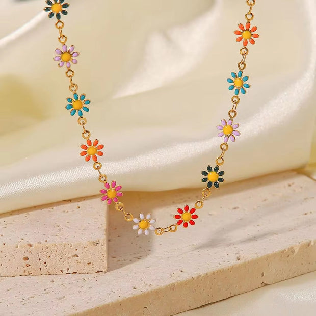 18K Gold Plated Stainless Steel Accessories Charm Colorful Daisy Choker Necklace for Women