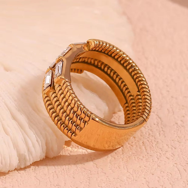 Chunky Zircon Statement Jewelry Multilayer Bamboo Design Gold Plated Stainless Steel Signet Ring