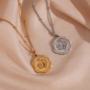 18K Gold Plated Engraved Fingerprint Footprint Zircon Pendant Necklace Non Tarnish Stainless Steel Bead Chain Necklace