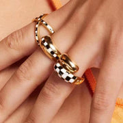 Wholesale 18K Gold Plated Black White Plaid Binding Stainless Steel Rings for Women