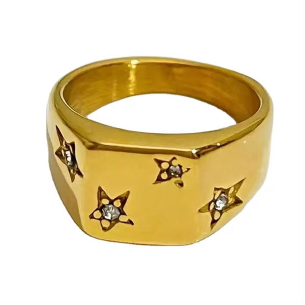 Stylish High Polished Stainless Steel Pentagram Cz Geometric Ring 18K Gold Plating No Fade Titanium Steel Smooth Square Ring