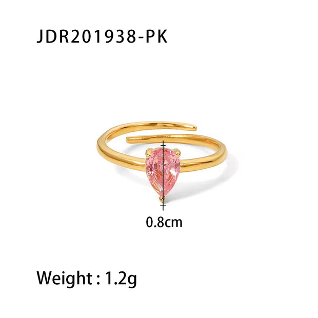 18K Gold Plated Multi-Colors Oval Zircon Dainty Water Drop Shape Stainless Steel Adjustable Rings