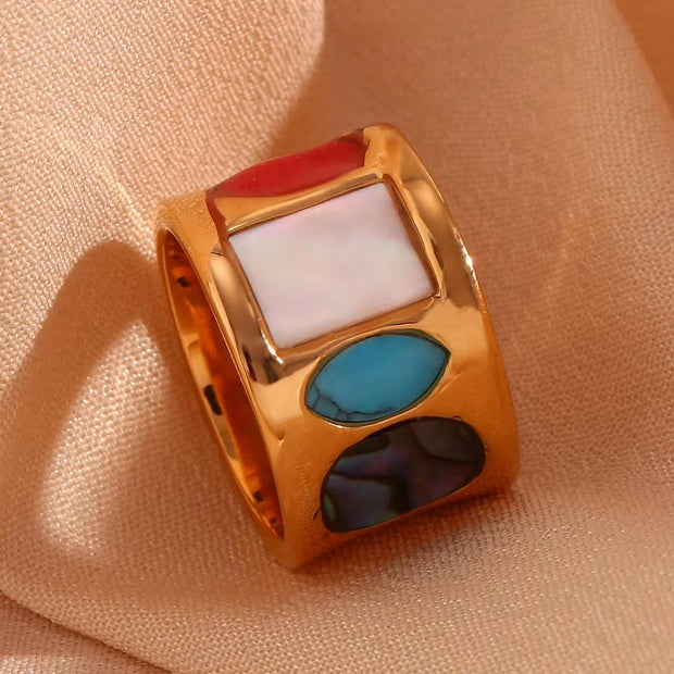 New Design Geometric Turquoise Signet Ring Gold Plated Stainless Steel Statement Jewelry