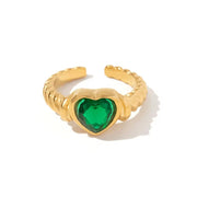 18K Gold Plated Stainless Steel Uneven Surface Heart Shape Green Cubic Zirconia Opening Rings