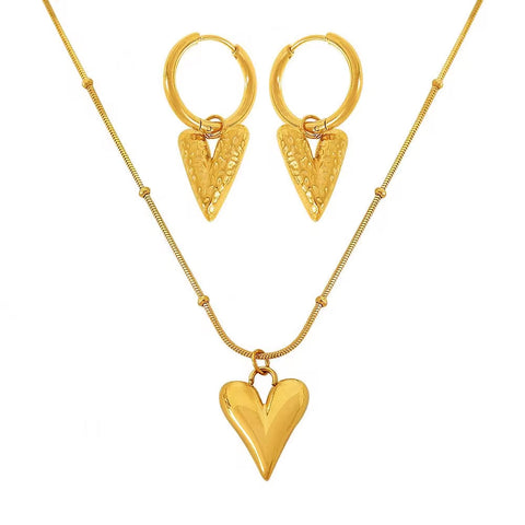 JEWELRY XL89-EH256 Simple Fresh Scenic Face Heart Necklace Earrings Heart Shape Texture Earrings Collarbone Chain Set