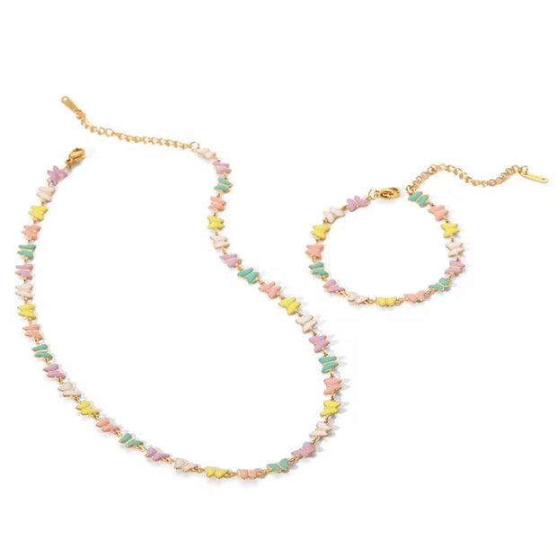 18K Gold Stainless Steel Dripping Oil Bracelets Colorful Enamel Butterfly Choker Necklace Set