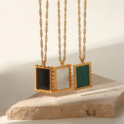 New Arrival Stainless Steel Black Malachite Square Lace Inlaid White Shell Pendant Necklace