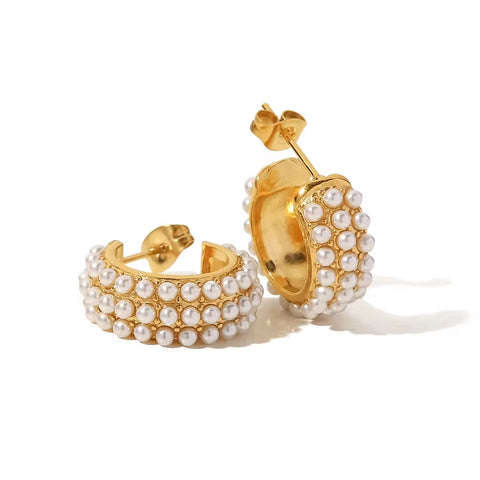 18K Gold Plated Stainless Steel C Shape White Pearl Three Layer Hoop Earrings Ins Fashion Jewelry