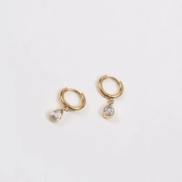 18K Gold Plated Earrings Stainless Steel Waterdrop Zircon Hoop Earring for Girls FJE0176