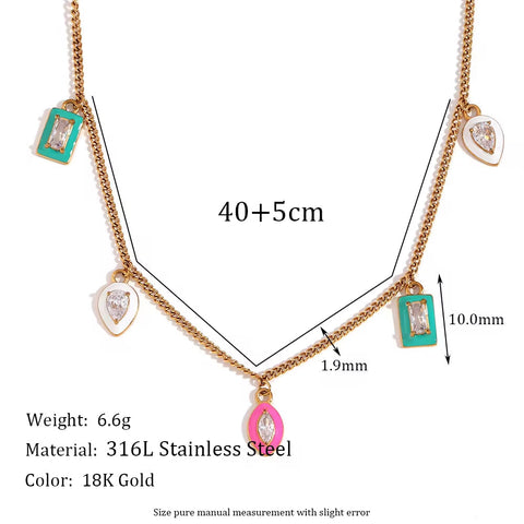 Shining Zircon Enamel Charm Necklace Gold Plated Jewelry Water Drop Choker Necklace Stainless Steel Necklace