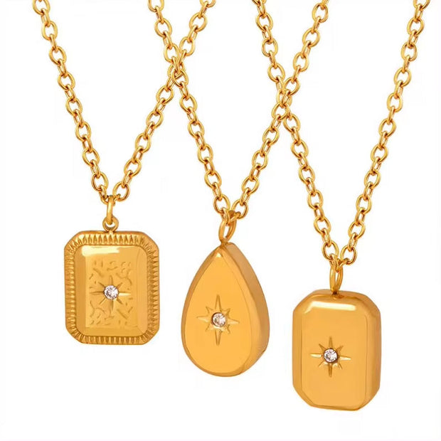 Fading Water Drop Square Star Zircon 18K Gold Plated Stainless Steel Non Tarnish Pendant Custom Necklace Logo