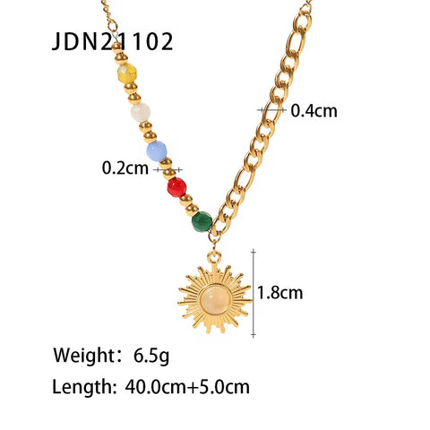 New Stainless Steel 18K Gold Half Color Bead Chain Half Figaro Chain Natural Opal Stone Sun Pendant Necklace