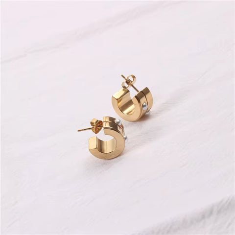 Hyperbole Half round Chunky Stud Earring 18K Gold Plated Stainless Steel Pearl Inlay Double Layer C Shape Hoop Earring