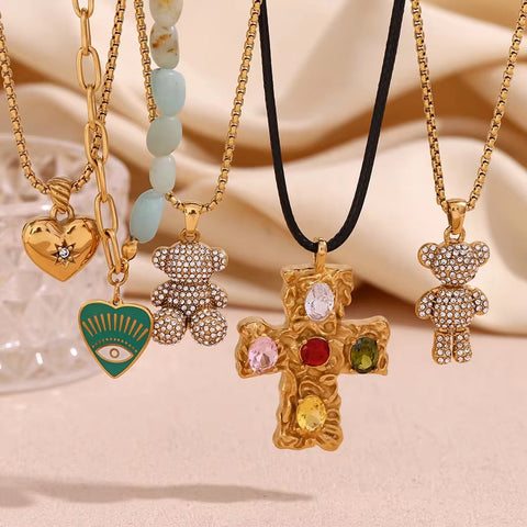 Trend 2024 Shining Zircon Teddy Bear Cross Necklace Jewelry Set for Woman Gold Plated Stainless Steel Jewelry