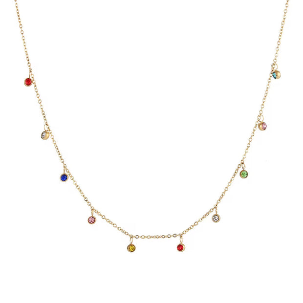 Waterproof Shining Dangle Colorful Diamond Cz Stainless Steel 18K Gold Rhinestone Choker Necklace