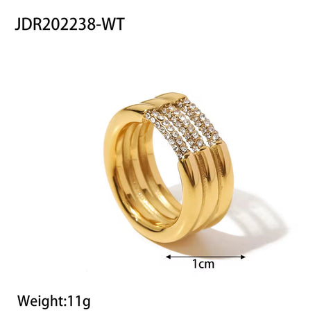 Three Layer Chunky Shiny Small Diamond 18K Gold Plated Stainless Steel Rings Jewelry Women Unisex