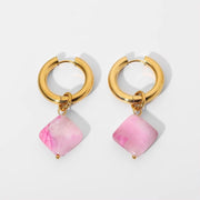 18K Gold Double Plated Pink Rhombus Natural Stone Pendant Stainless Steel Huggie Earrings for Women