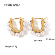 18K Gold Plated Silver Plated Stainless Steel White Pearl U Shape Large Hoop Earrings Jewelry