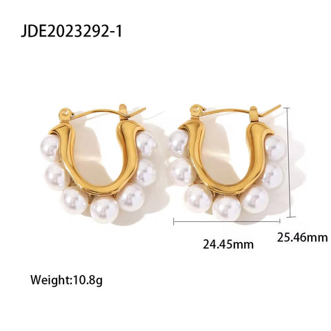 18K Gold Plated Silver Plated Stainless Steel White Pearl U Shape Large Hoop Earrings Jewelry