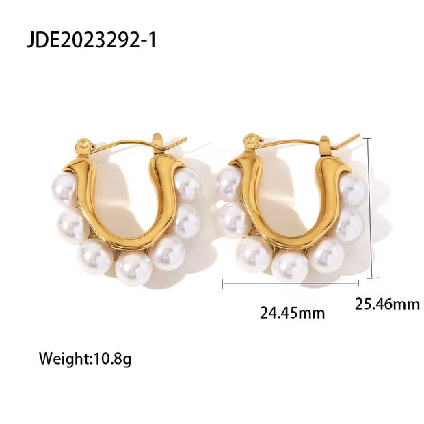 18K Gold Plated Silver Plated Stainless Steel White Pearl U Shape Large Hoop Earrings Jewelry