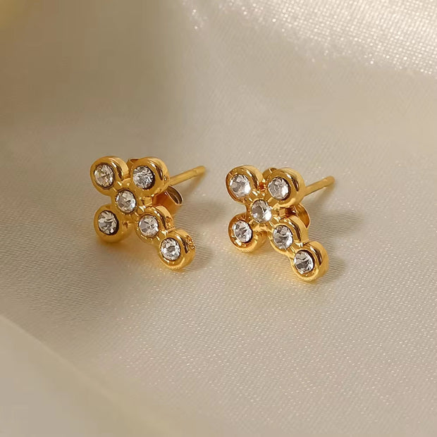 18K Gold Plated Cross Shape Zircon Insert Stainless Steel Stud Earrings Waterproof Jewelry