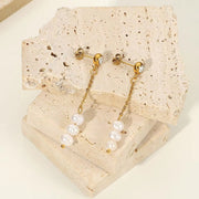 14K Gold Plated Stainless Steel Jewelry Gift Waterproof Cubic Zirconia Long Chain Pearl Earrings