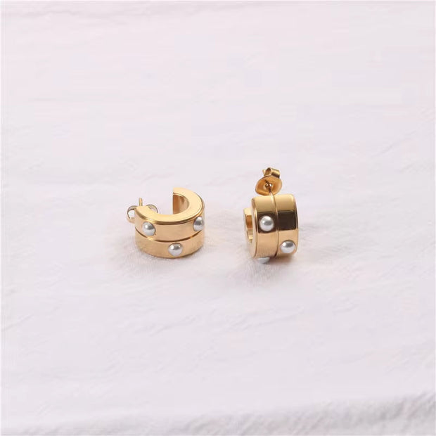 Hyperbole Half round Chunky Stud Earring 18K Gold Plated Stainless Steel Pearl Inlay Double Layer C Shape Hoop Earring