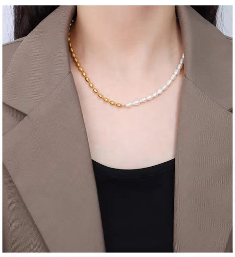 18K Gold Plated Freshwater Pearl with Oval Stainless Steel Beaded Necklace for Woman Party Gift