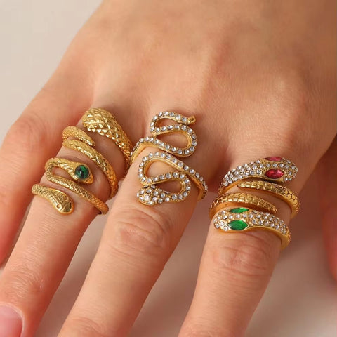 Chic Cubic Zircon Malachite Stacking Snake Ring Waterproof 18K Gold Plated Stainless Steel Opening Rings