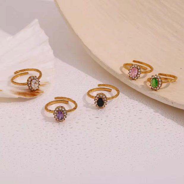 Drop Shipping Oval Zircon Ring Flower Design Adjustable Rings Waterproof Gold Plated Jewelry