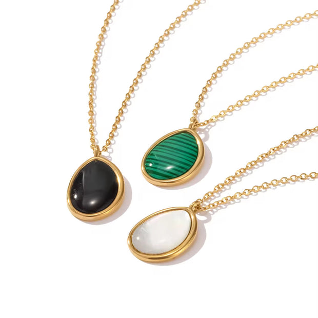 New Arrival Stainless Steel Plain Black Agate Stone Malachite Opal Stone Drop Pendant Necklace