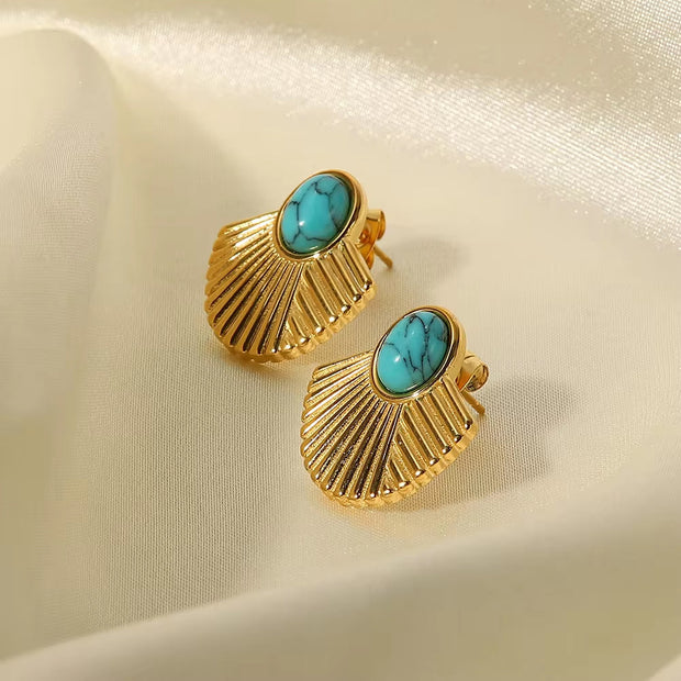 Vintage Stainless Steel 18K Gold Plated Turquoise Inlaid Rib Fan-Shaped Statement Earrings for Women