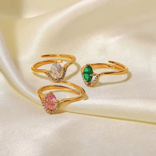 18K Gold Plated Stainless Steel Dainty Multi-Color Cubic Zirconia Stacking Adjustable Rings