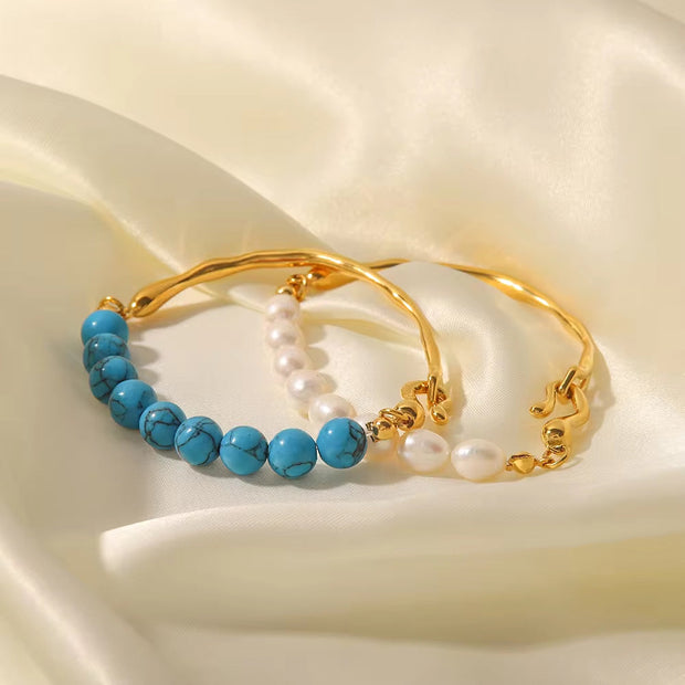 Charm Stainless Steel 18K Gold Plated Jewelry Blue Pine Stone Fresh Waterpearl Pearl Bangles for Women