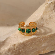 Water Proof PVD Gold Plated Stainless Steel Natural Malachite Stone Hollow Adjustable Rings