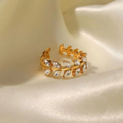 Dainty 18K Gold Plated Stainless Steel Branch Leaf Design White Cubic Zirconia Adjustable Rings