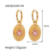 INS Style 18K Gold Plated Sunburst Earrings Stainless Steel Screw Zircon Paved Oval Pendant Necklace