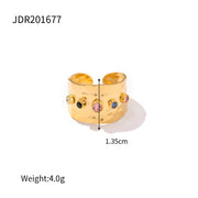 Colorful Cubic Zircon CZ Stone Crystal Wide Band Jewelry Women Stainless Steel Waterproof 18K Gold Plated Statement Rings