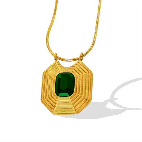 JEWELRY XL59 French Peplum Square Pendant Necklace 18K Gold Vintage Style Geometric Inlaid Glass Stone Necklace