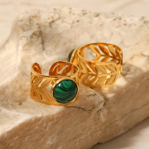 Malachite Stone 18K Gold Plated Stainless Steel Hollow Leaf round Green Malachite Opening Rings for Women