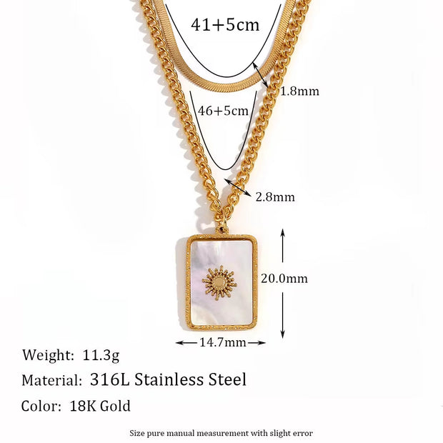 Double Layer Herringbone Necklace Engraved Sun Shell Necklace Waterproof Gold Plated Pendant Necklace