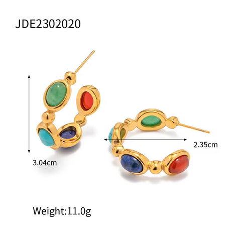 Retro Jade Natural Stone Zircon CC Hammered Silver 18K Gold Plated Stainless Steel Hoop Earrings Jewelry