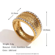 Vintage Hammered Zircon Signet Ring PVD Gold Plated Jewelry Stainless Steel Statement Jewelry